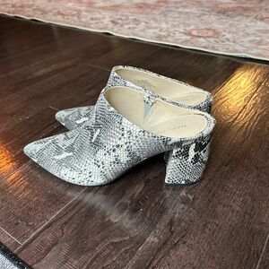 Marc Fisher Black and Gray Mules with Snake Print